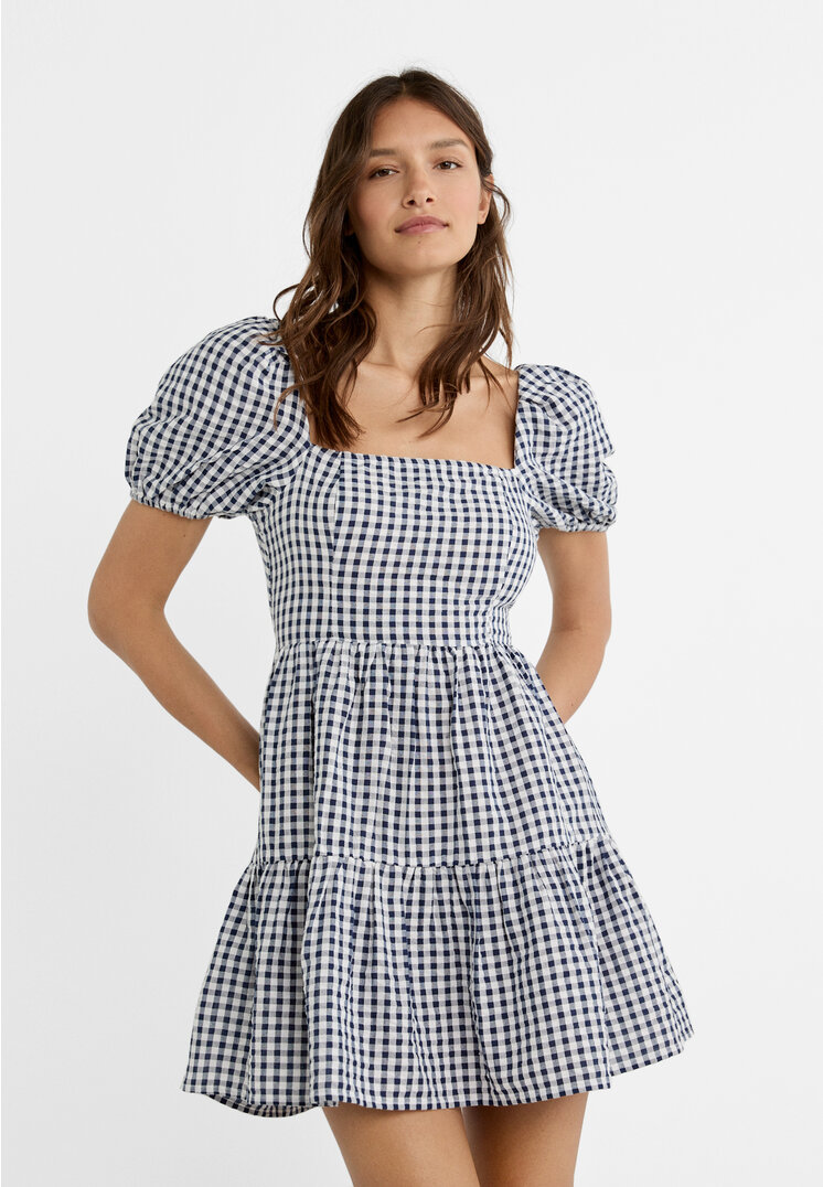 Stradivarius Gingham dress with back tie  Navy blue XS