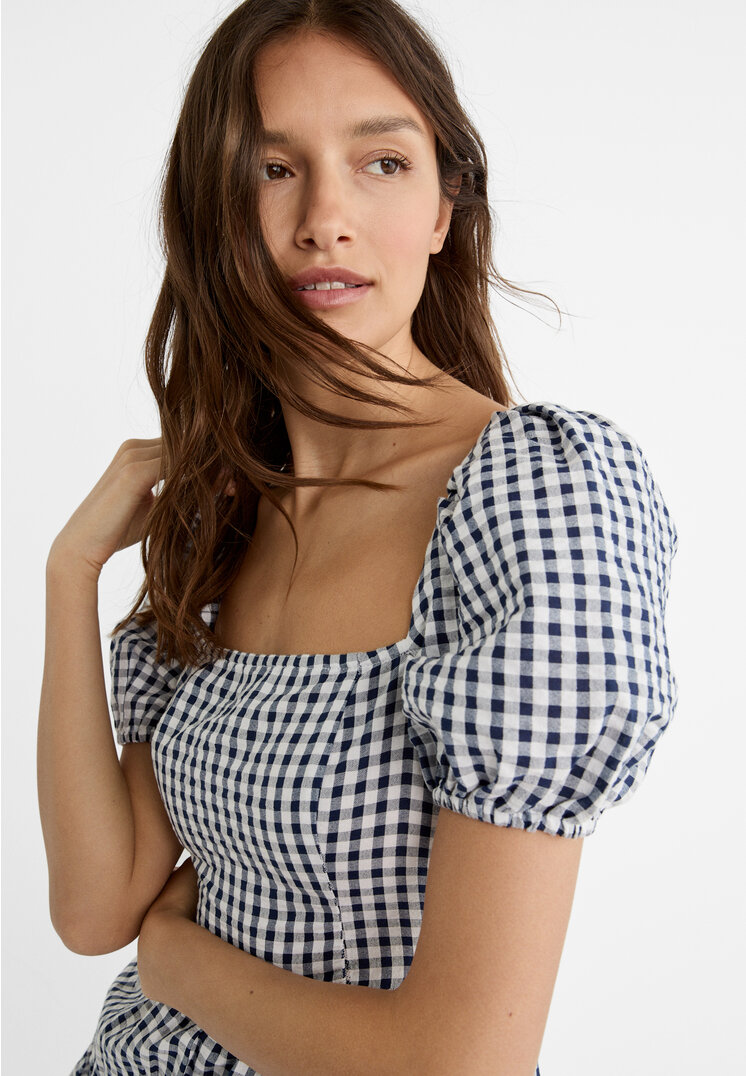 Stradivarius Gingham dress with back tie  Navy blue XS