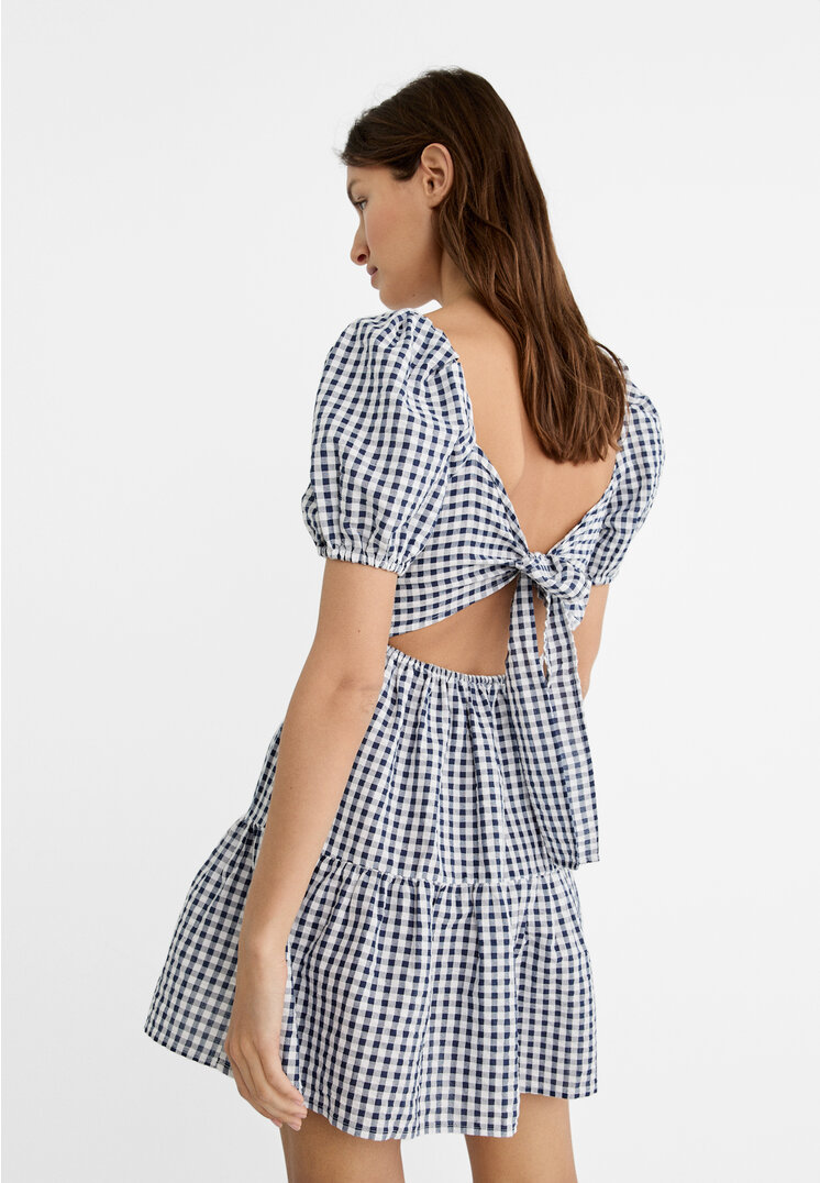 Stradivarius Gingham dress with back tie  Navy blue XS
