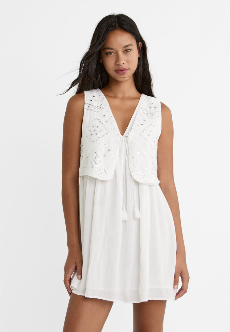 

Stradivarius Kurzes Crêpe-Kleid mit Weste Weiß XL
