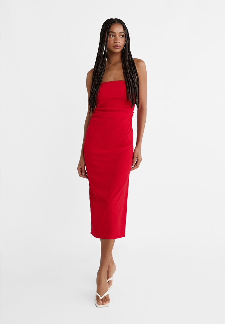 Stradivarius Off-the-shoulder textured midi dress  Red XL