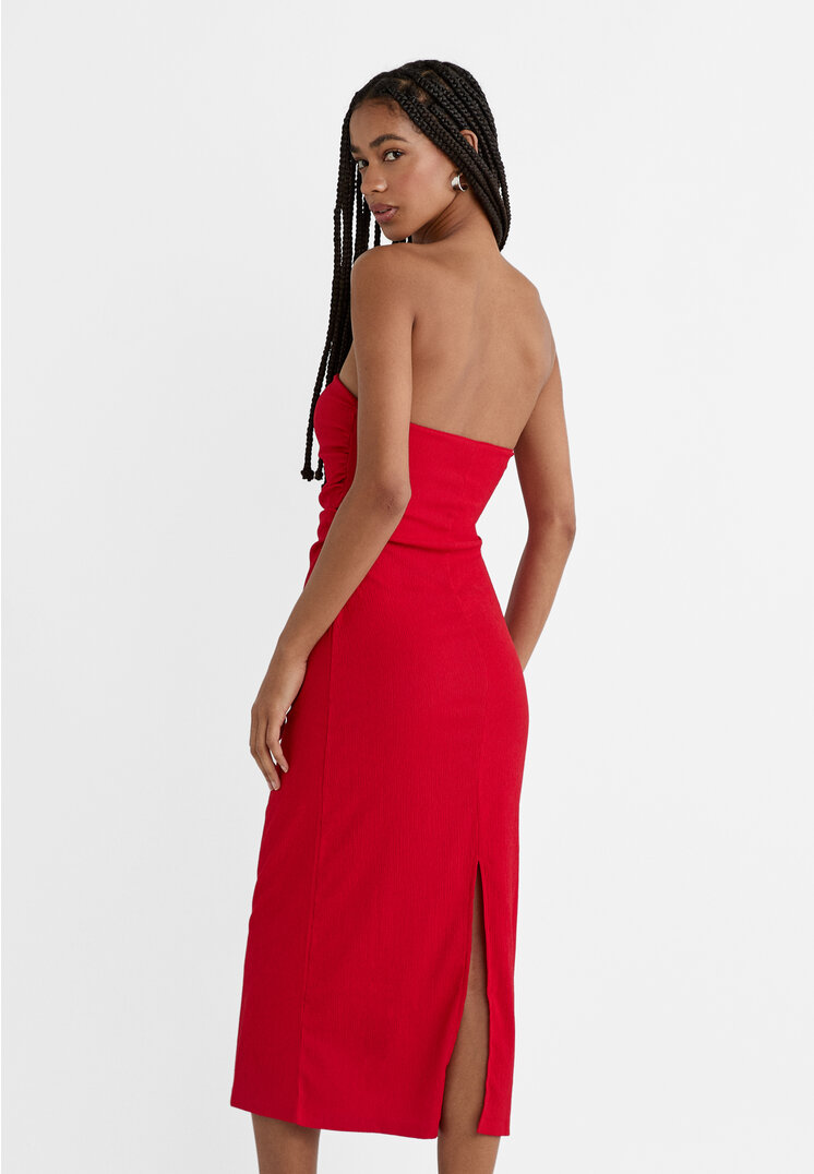 Stradivarius Off-the-shoulder textured midi dress  Red XL