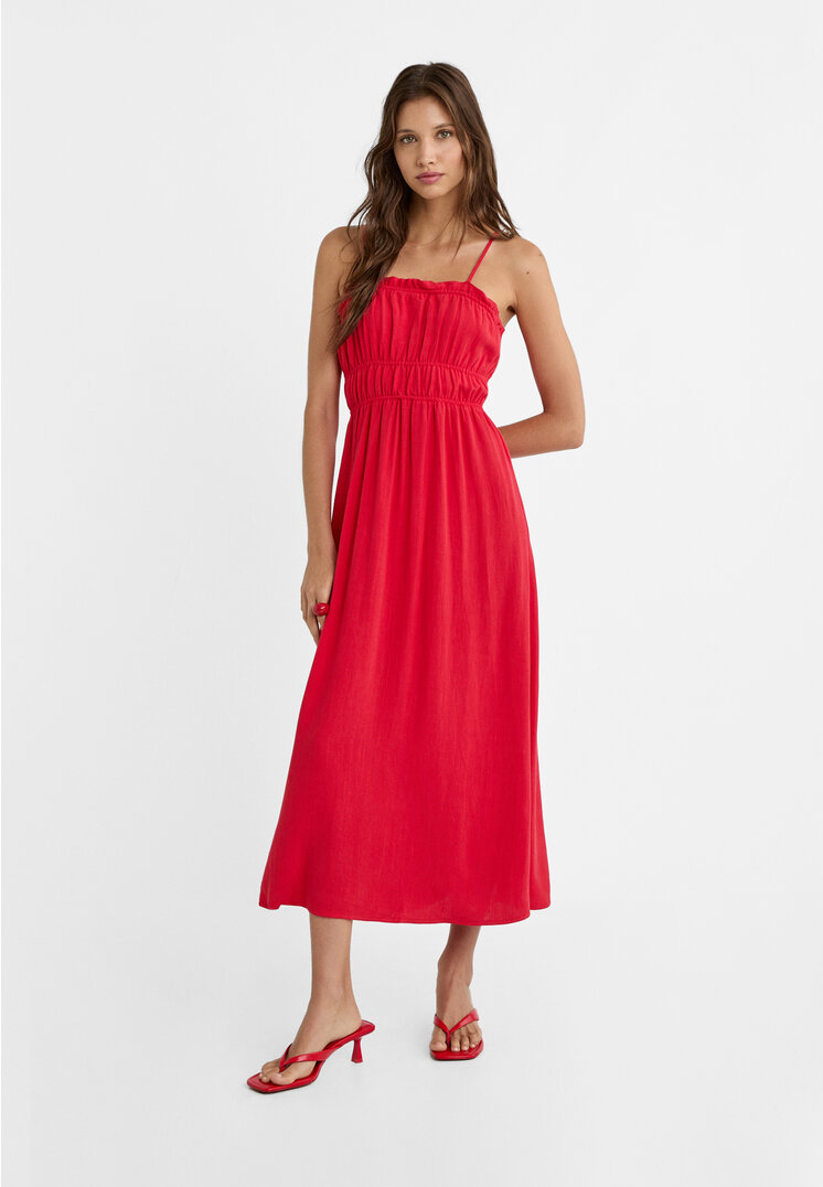 Stradivarius Fließendes Midikleid mit Trägern und Leinenanteil Rot XL