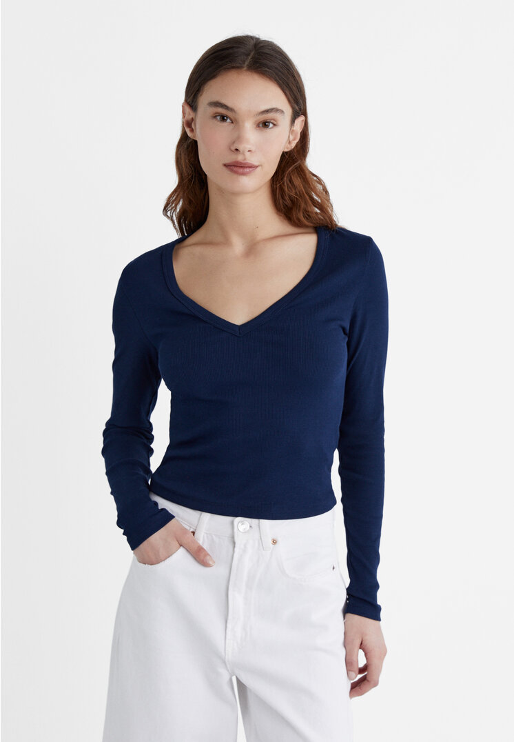 Stradivarius Shirt mit V-Ausschnitt und Rippmuster Marineblau XL