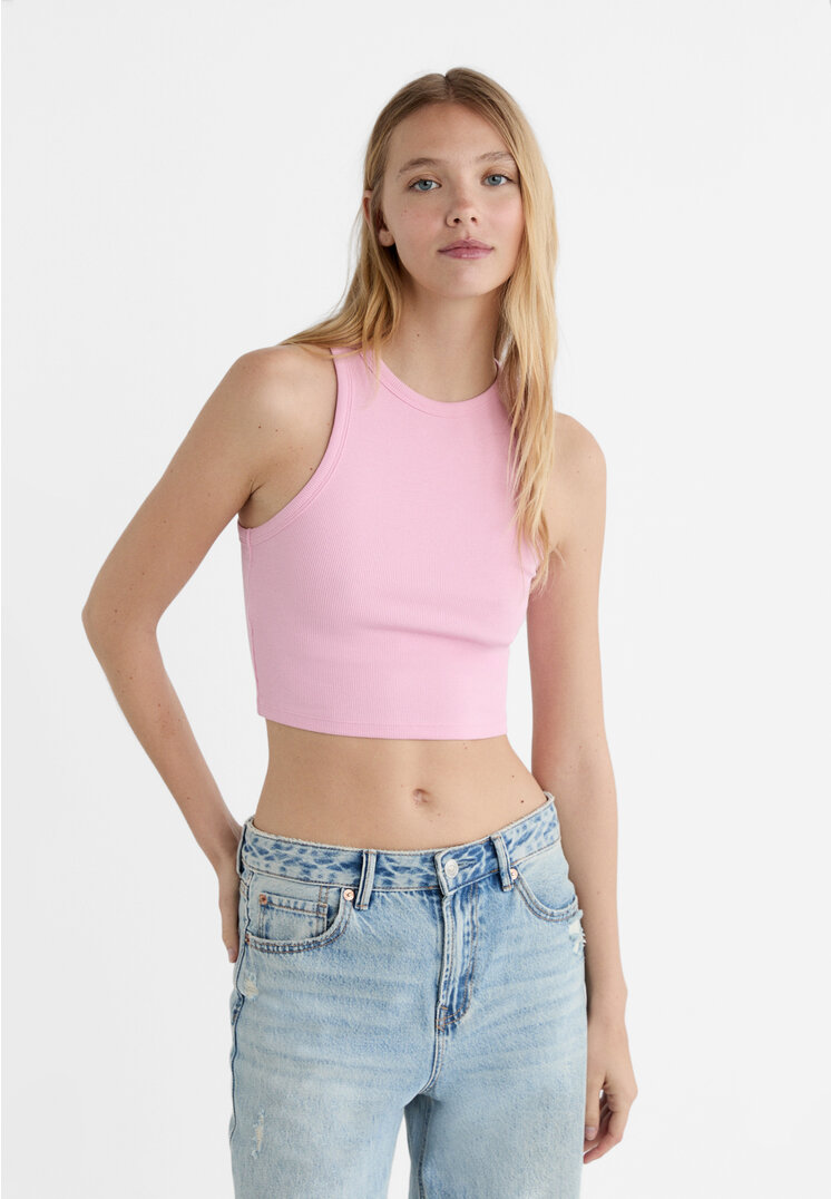 

Stradivarius Basic-Cropped-Shirt gerippt Pastellrosa XXS