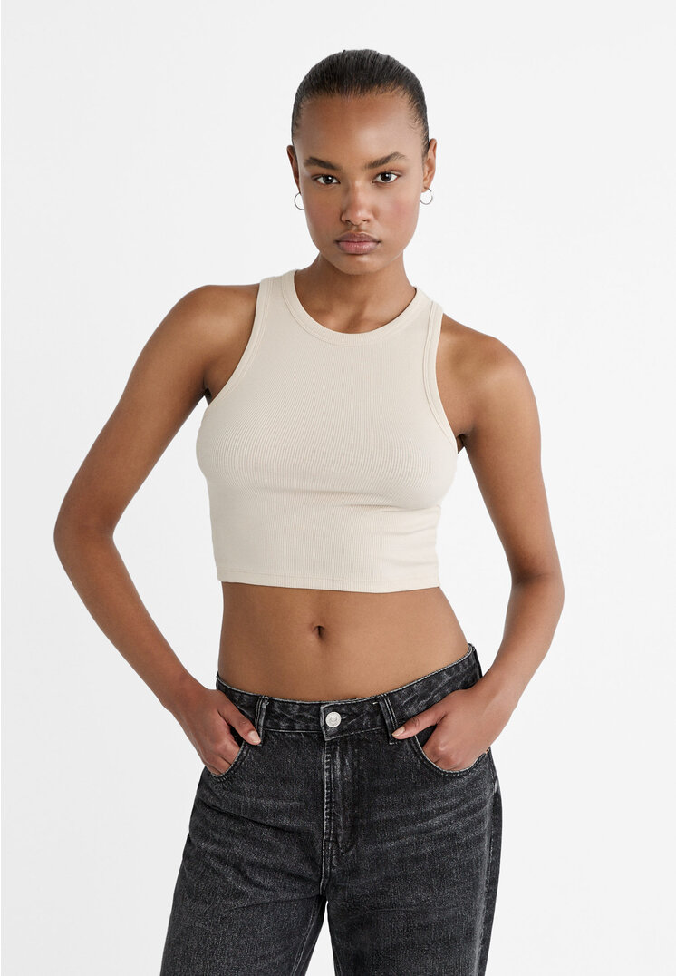 

Stradivarius Krótki prążkowany top basic Szary XS