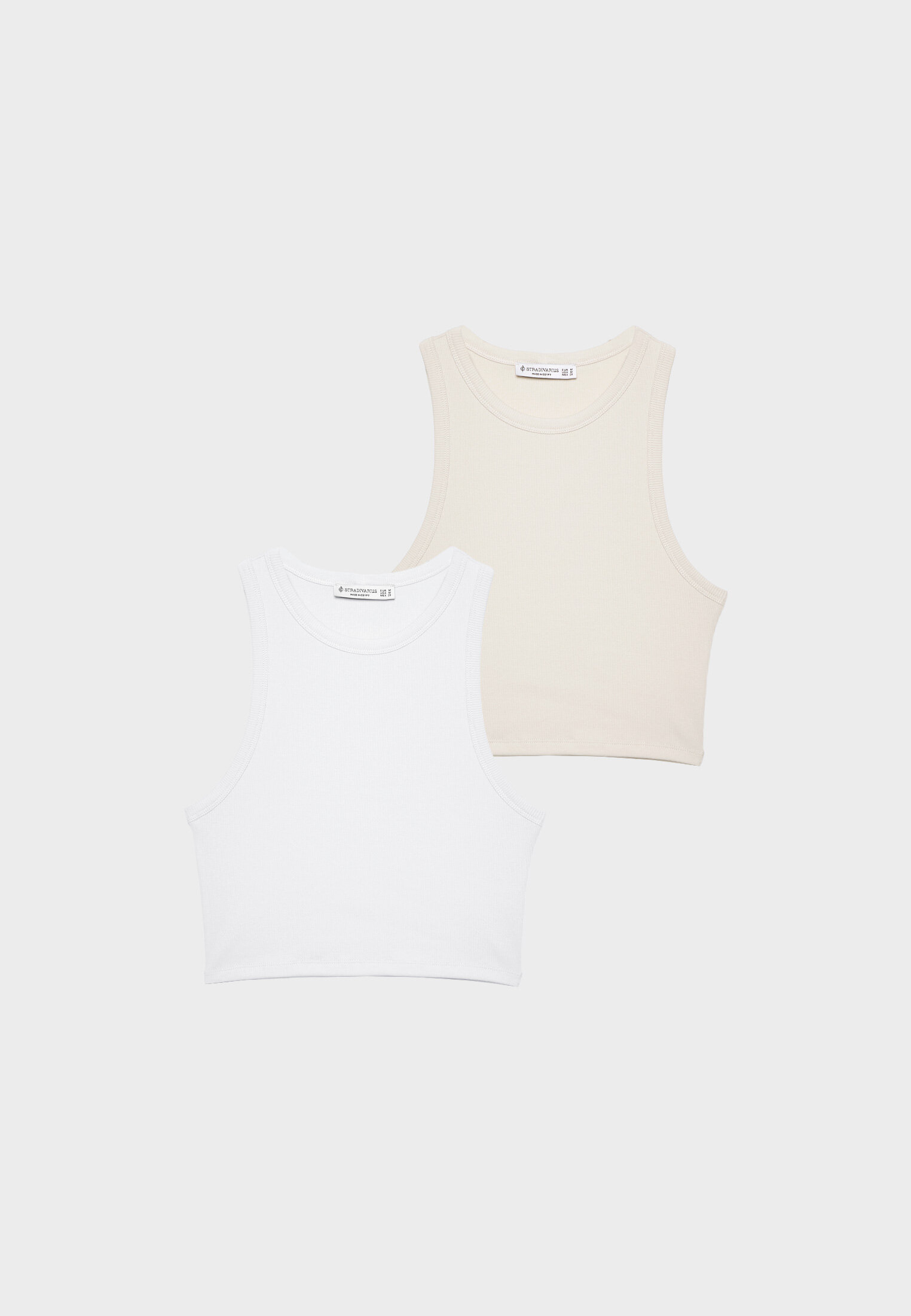 Stradivarius Pack of 2 Basic Ribbed Crop Tops Stone L