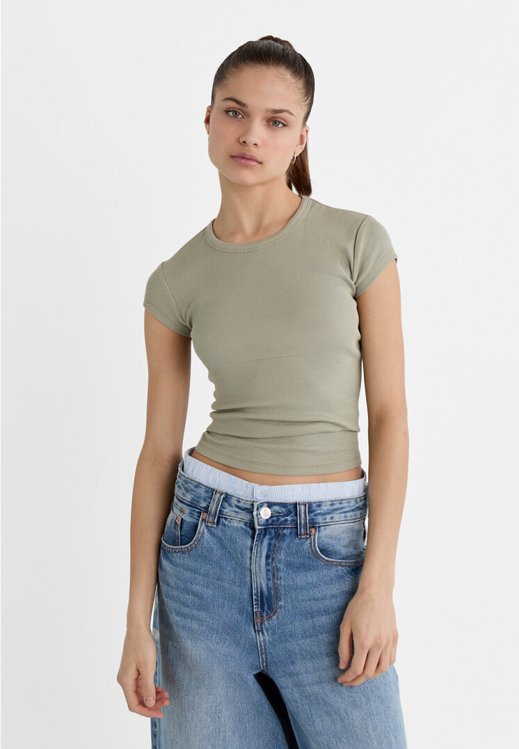 Stradivarius Shirt im Rippenstrick Khaki M