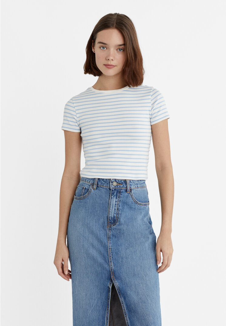 Stradivarius Gestreiftes Cropped-Shirt Himmelblau XL