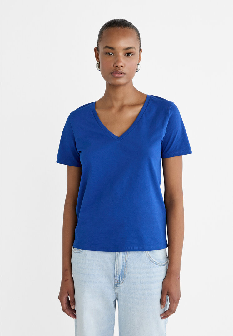 

Stradivarius Basic-Shirt mit V-Ausschnitt Elektrisch Blau S