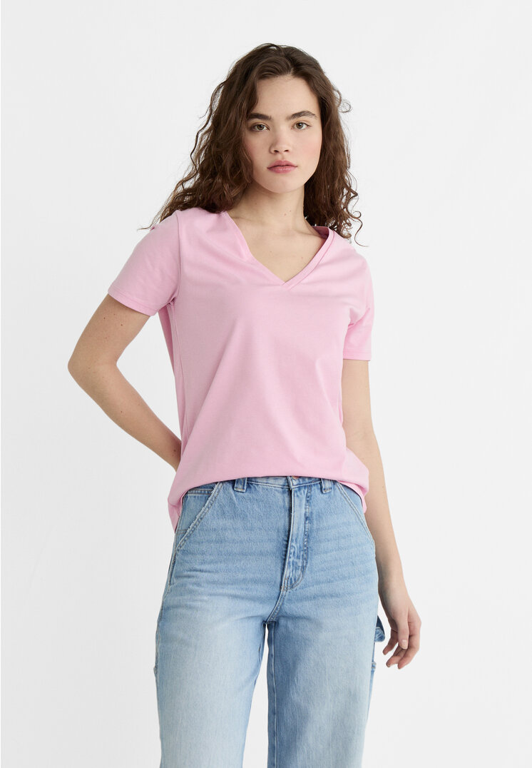 

Stradivarius Basic-Shirt mit V-Ausschnitt Pastellrosa XS