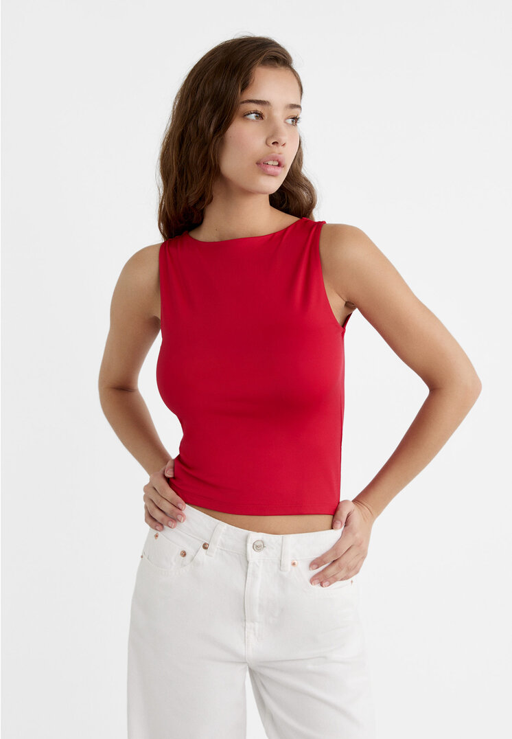 

Stradivarius Shirt aus Polyamid mit Bateau-Ausschnitt Rot XS