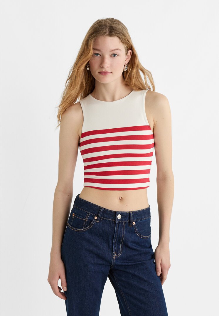 

Stradivarius T-Shirt ärmellos Baumwolle gestreift Rot L