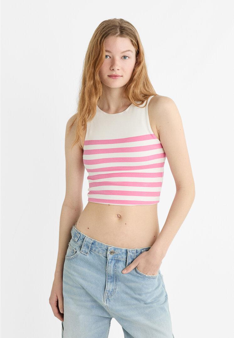 

Stradivarius T-Shirt ärmellos Baumwolle gestreift Kaugummirosa XS