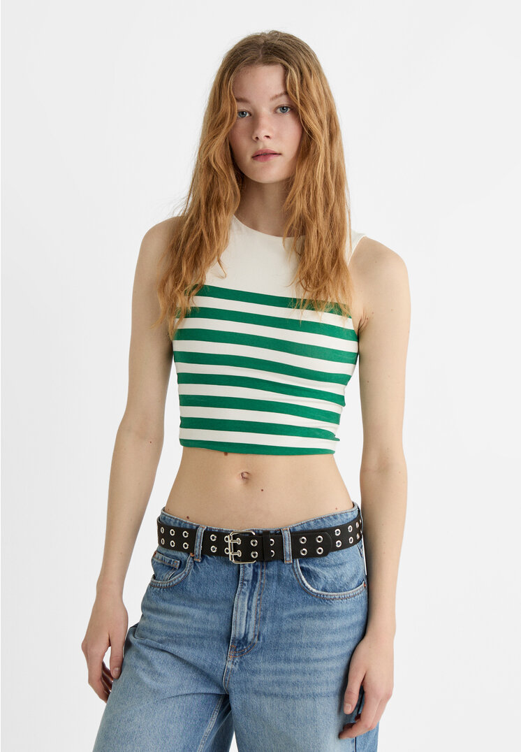 

Stradivarius T-Shirt ärmellos Baumwolle gestreift Grün XL