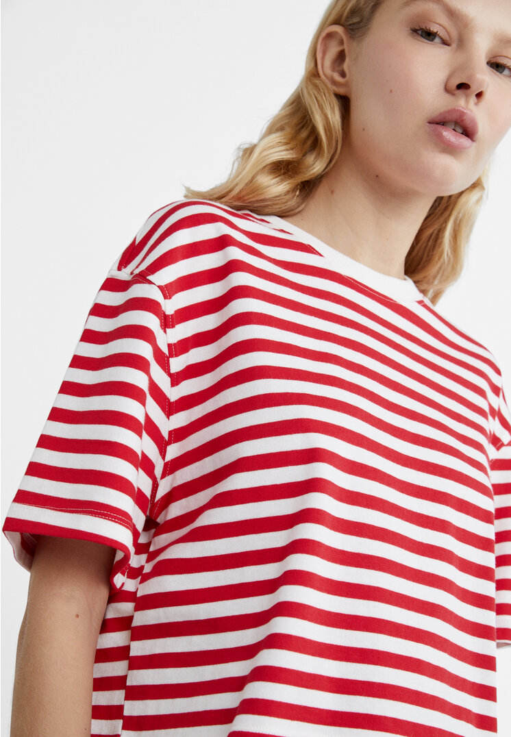 CROPPED SHIRT IN STRIPED COTTON - WHITE / NAVY / BLACK