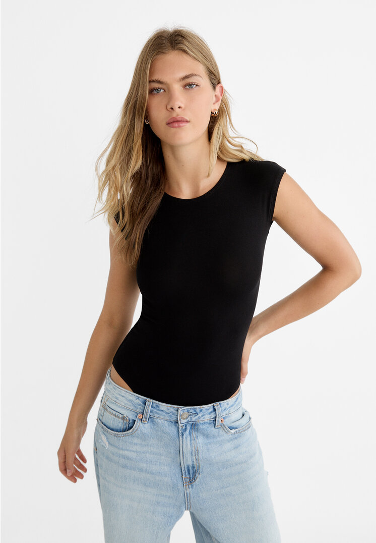 Stradivarius Body z minirękawem Czarny L