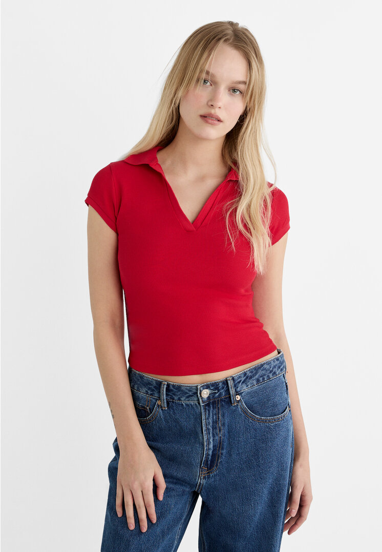 Stradivarius Kontrastowa koszulka polo Czerwony XL