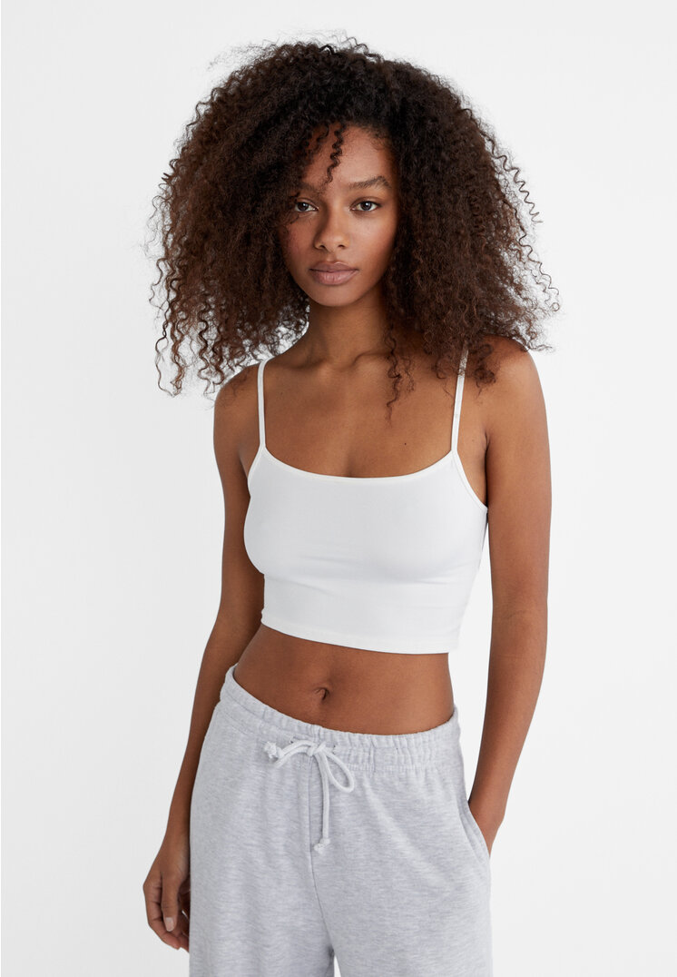 Stradivarius Cropped Trägershirt Ecru XL