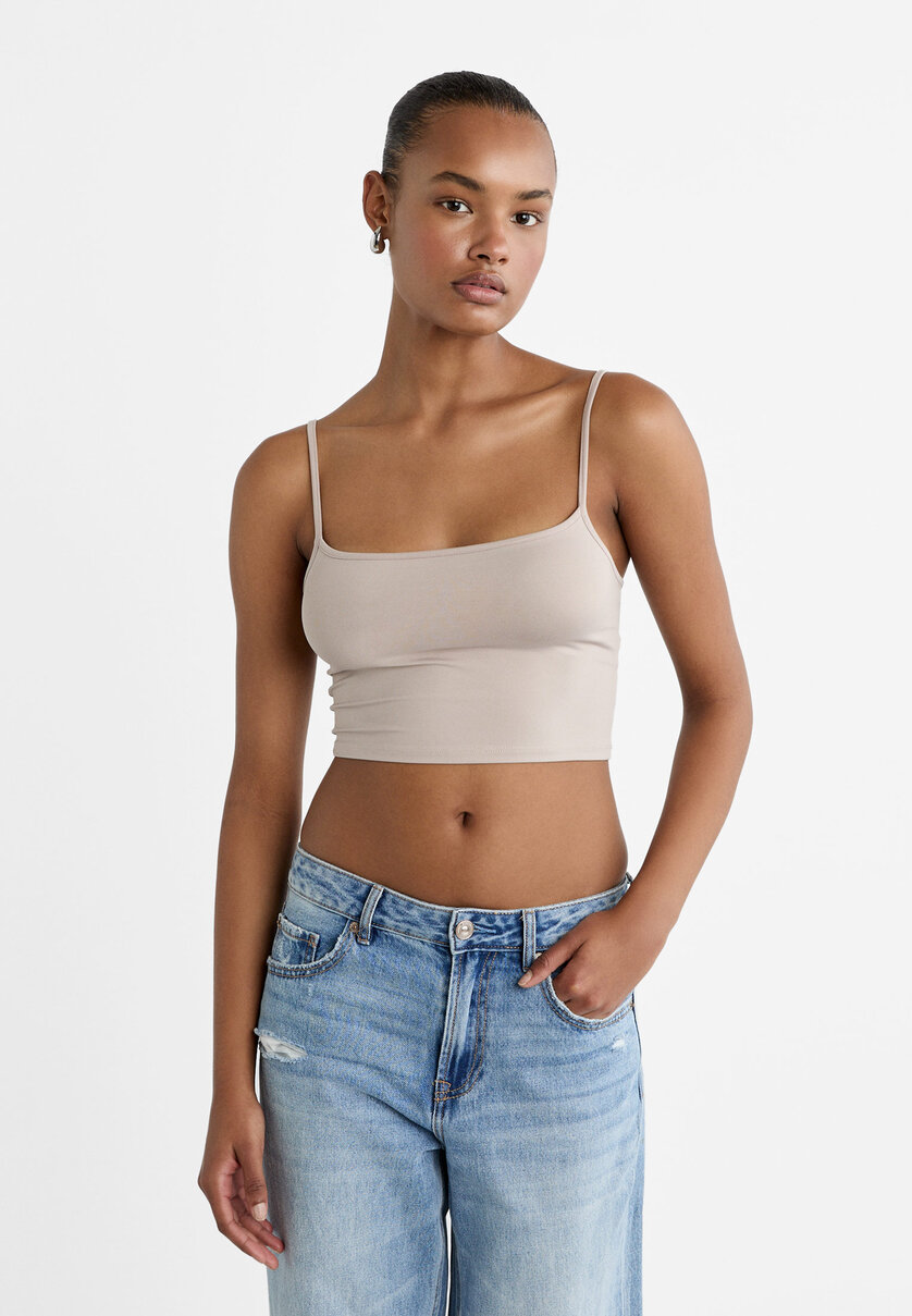 Stradivarius seamless ribbed tank top in beige - ShopStyle