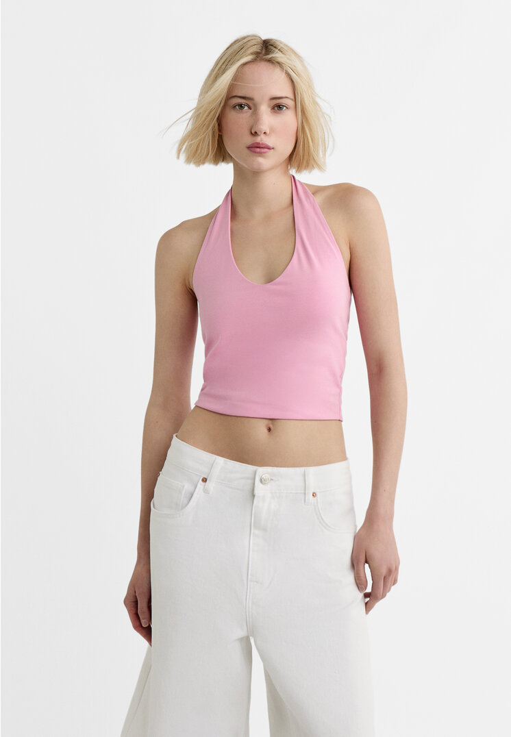 

Stradivarius Kurzes Neckholder-Top Pastellrosa M