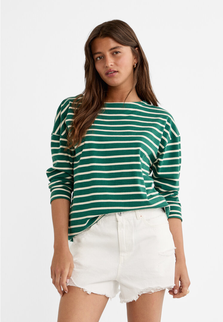 Stradivarius Streifen-T-Shirt Grün XL