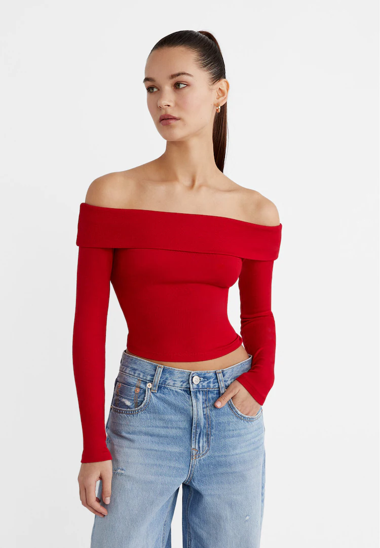 Comprar camiseta roja de manga larga con encaje online barata para
