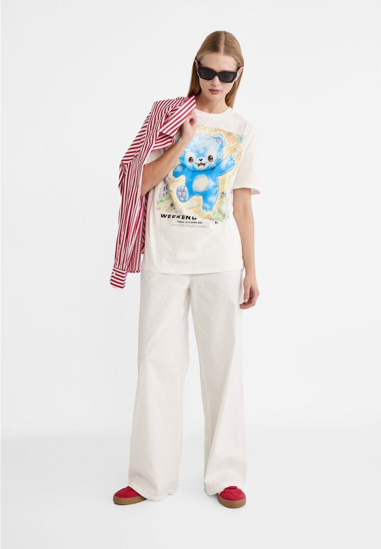 Stradivarius Oversize printed T-shirt  Ecru M