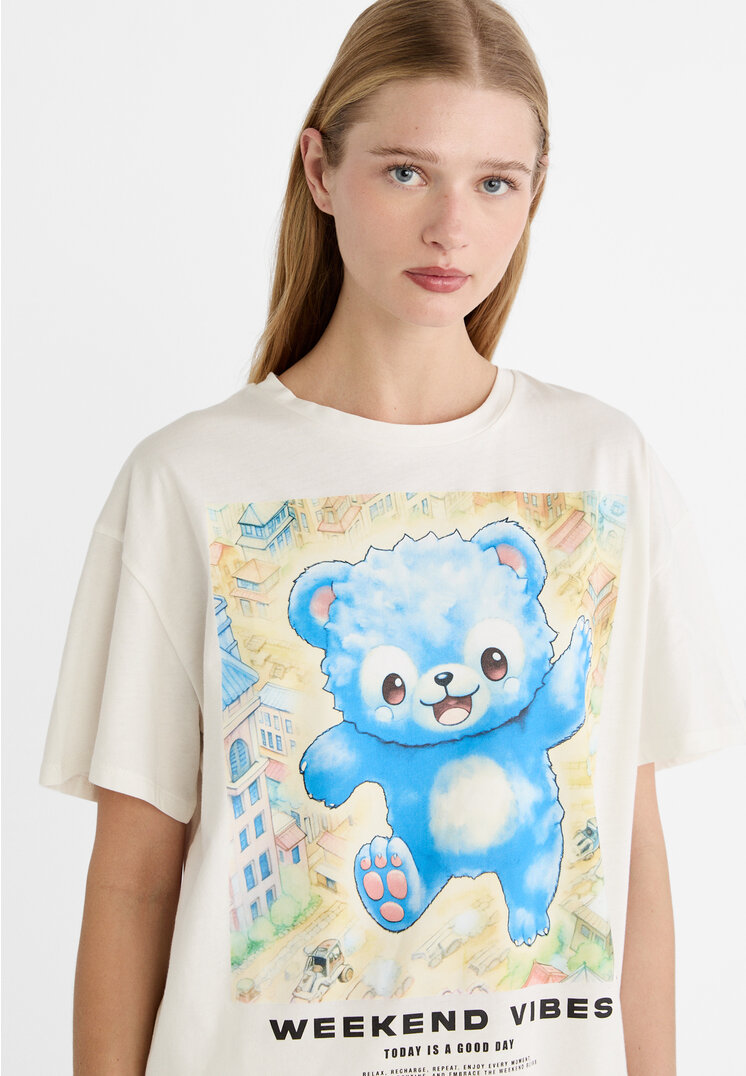 Stradivarius Oversize printed T-shirt  Ecru M