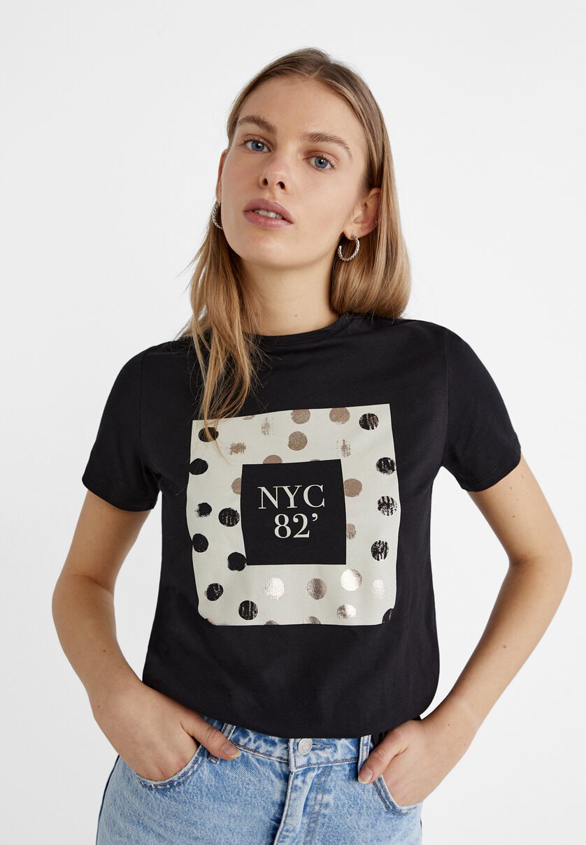 Printed T shirt with rhinestones Women s fashion Stradivarius