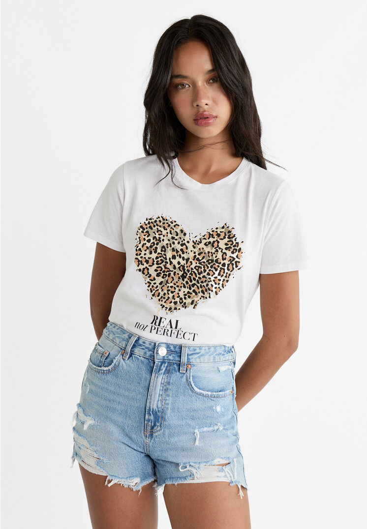 

Stradivarius Shirt mit Herzprint und Animalprint Weiß L