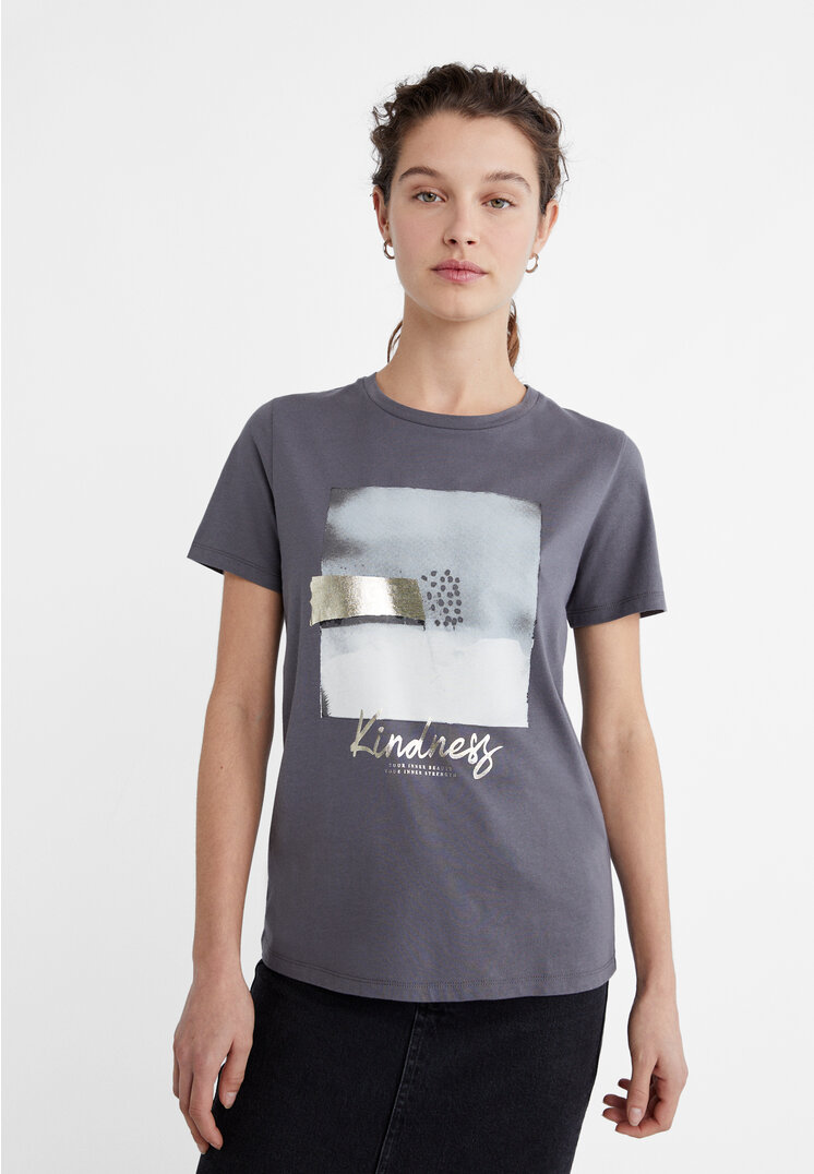 Stradivarius Shirt mit Print und Glitzer Graumeliert L