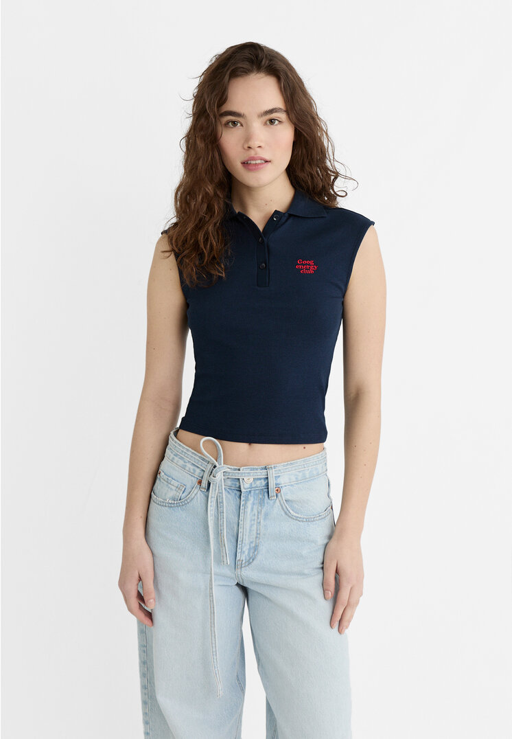 

Stradivarius Polohirt Miniärmel bestickt Dunkelblau XL