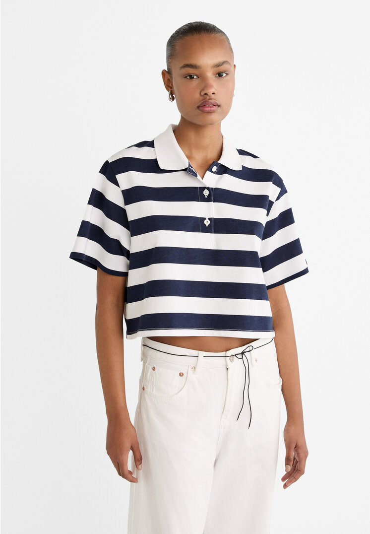 

Stradivarius Krótka koszulka polo w paski Ciemnomorski L