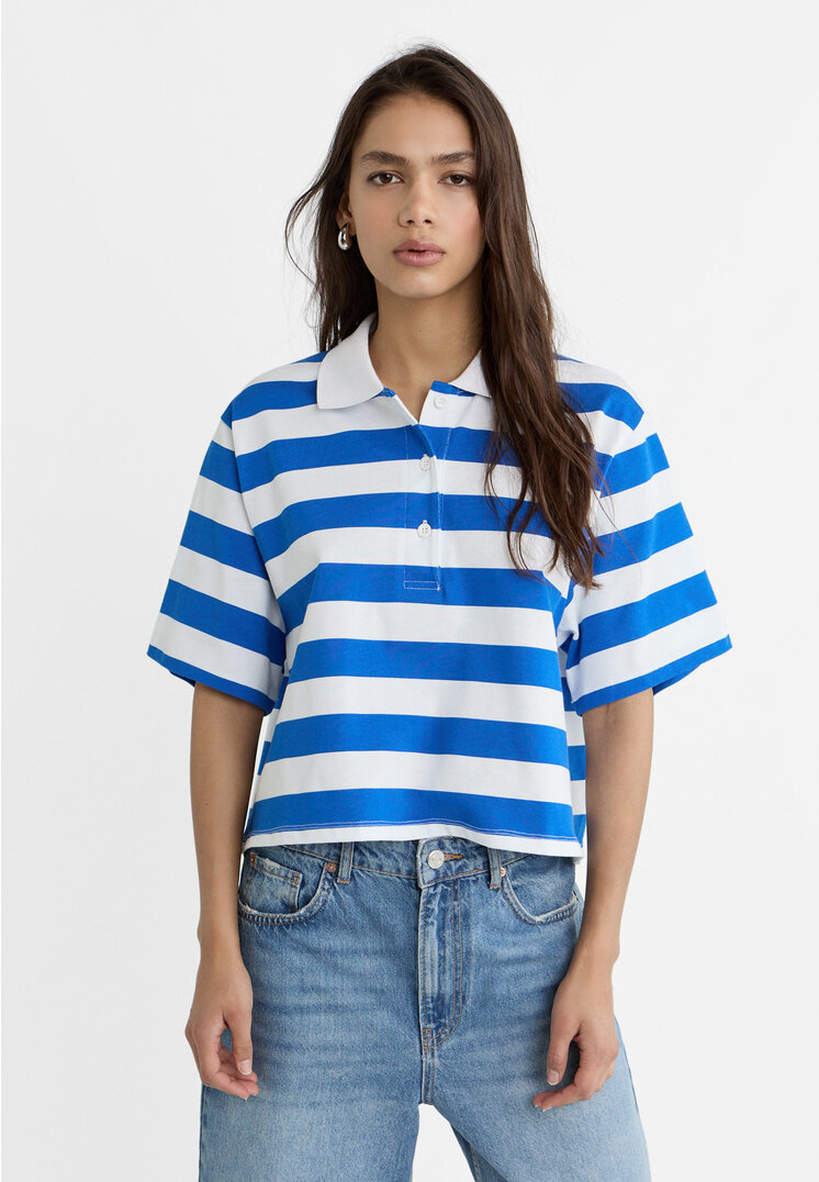 

Stradivarius Poloshirt cropped Streifen Elektrisch Blau S
