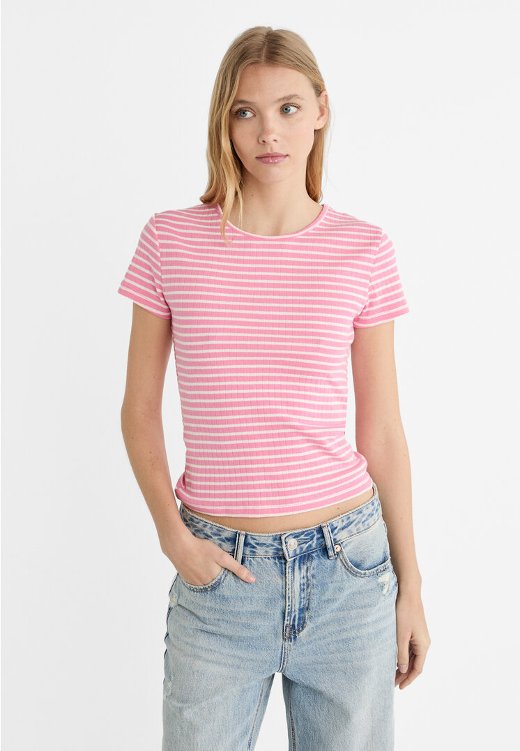 Stradivarius Streifen-T-Shirt Kaugummirosa M