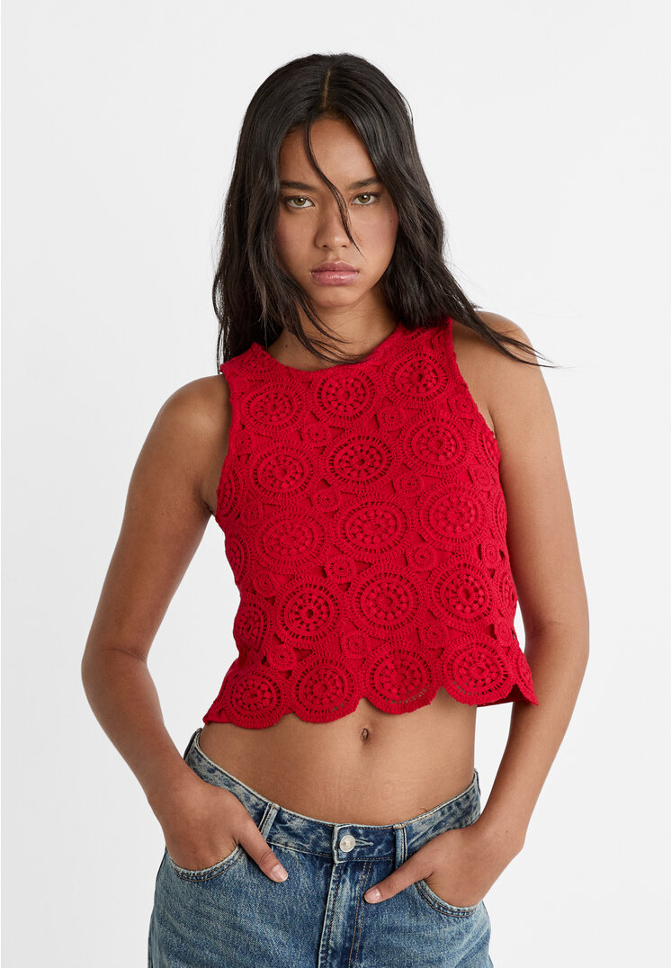 

Stradivarius Top bez rękawów z szydełkowej dzianiny Czerwony XL