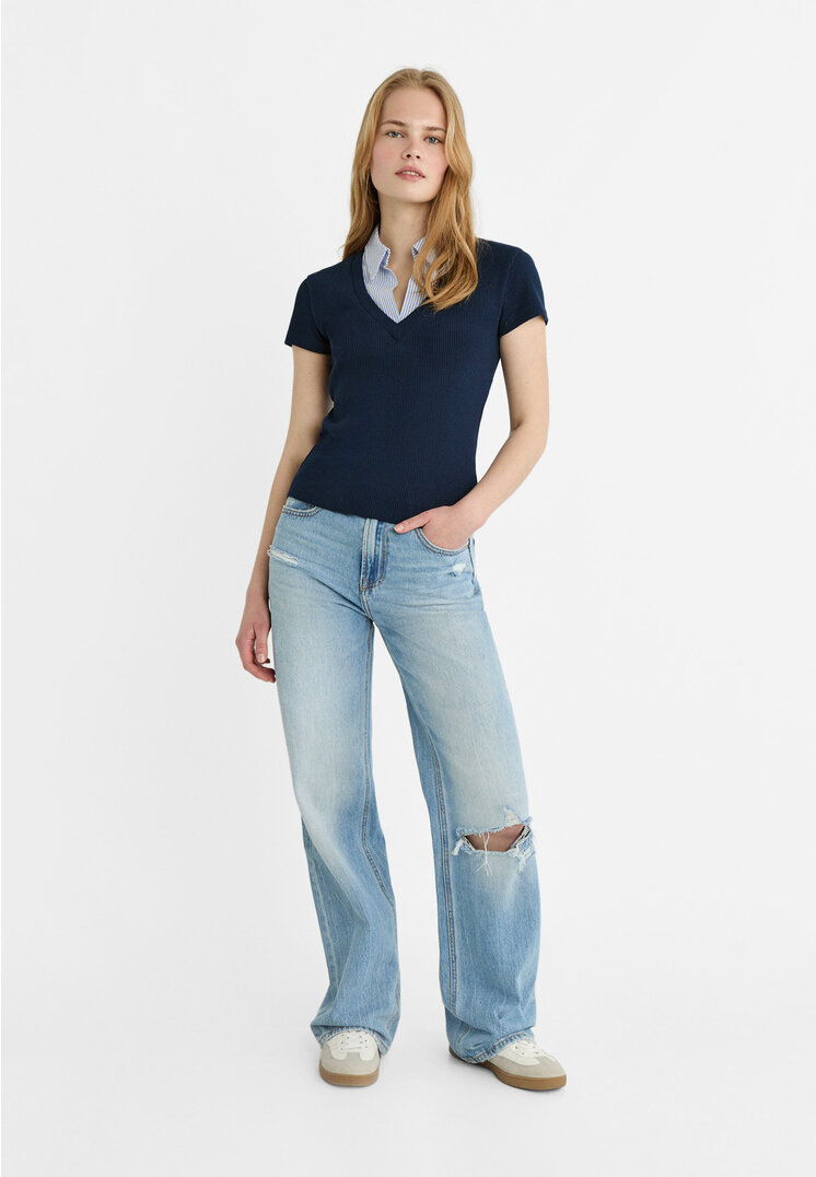 Stradivarius Contrast polo T-shirt  Navy blue L