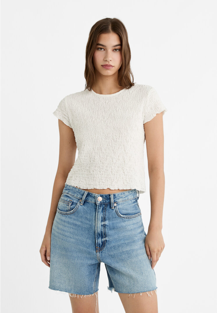 Stradivarius Kurzarm-T-Shirt mit Textur Ecru L