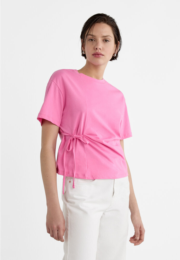 

Stradivarius T-Shirt mit kurzen Ärmeln und Spitze Kaugummirosa XL