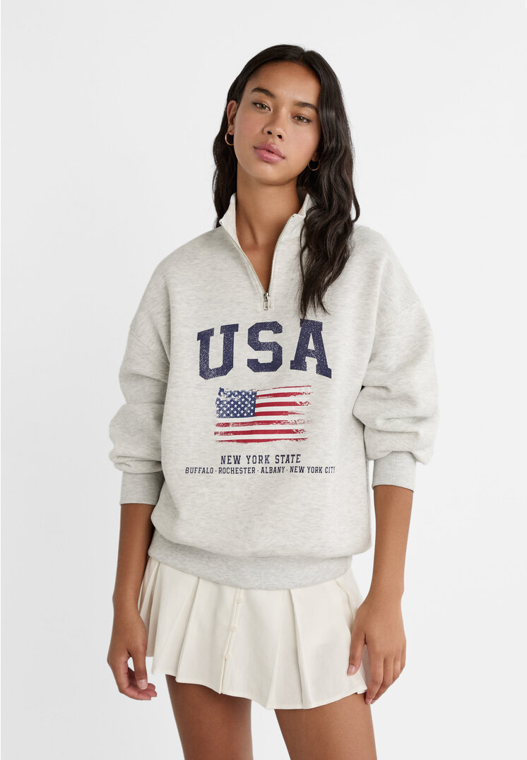 Stradivarius Sweatshirt mit Reißverschluss Grau Melange XL