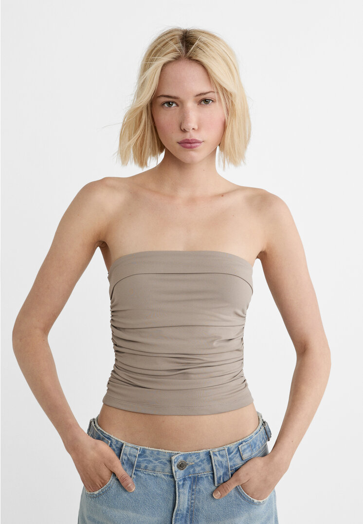 

Stradivarius Bandeau-Top mit Umschlag und Raffungen Grau M
