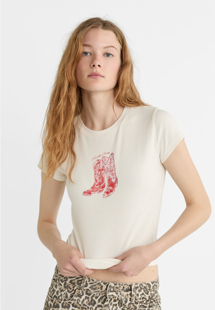 Stradivarius Shirt mit Cowboystiefel-Print Weiß L