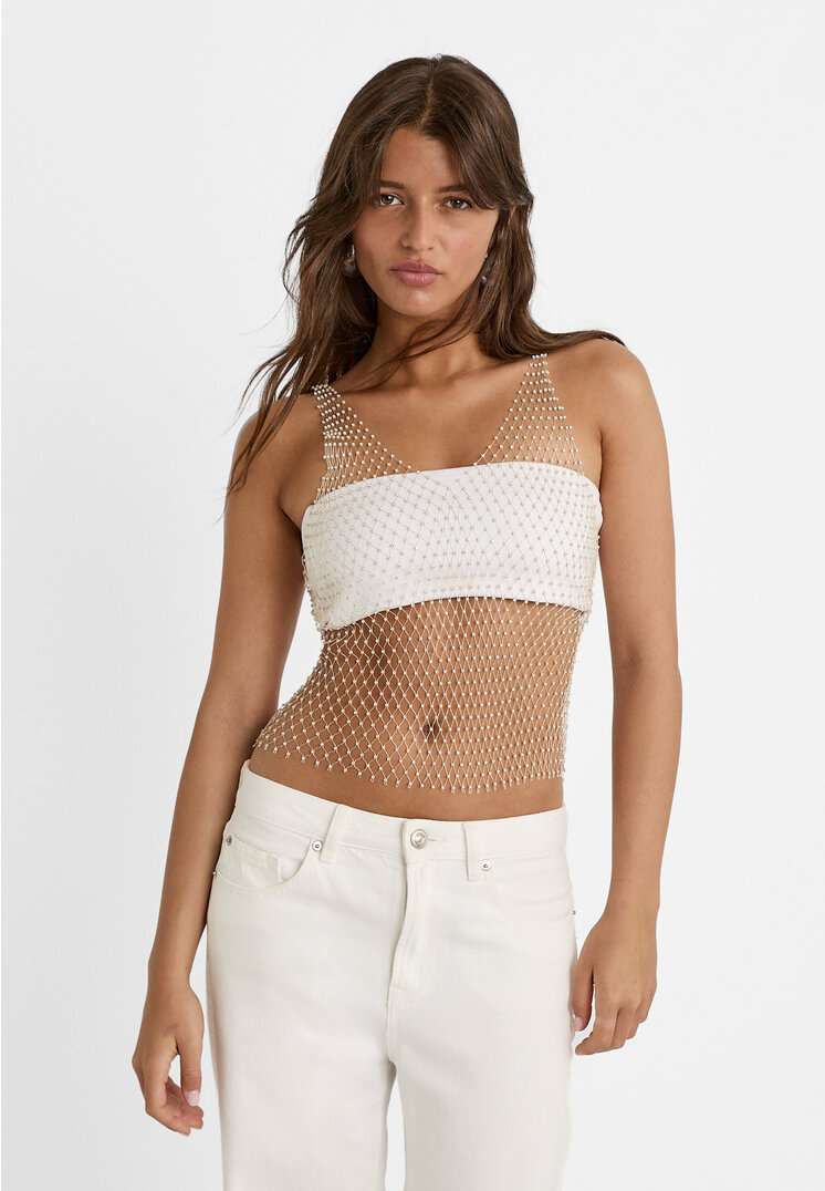 Stradivarius Glänzendes Top aus Mesh Steingrau M