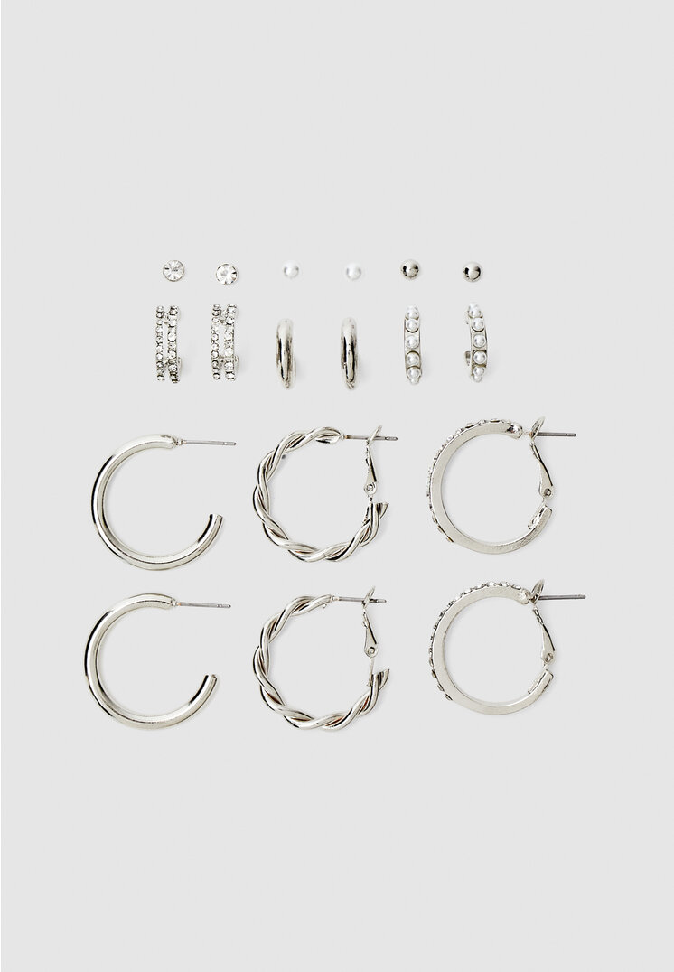 

Stradivarius 9er-Set Creolen mit Glitzer und Kunstperlen Grau OS