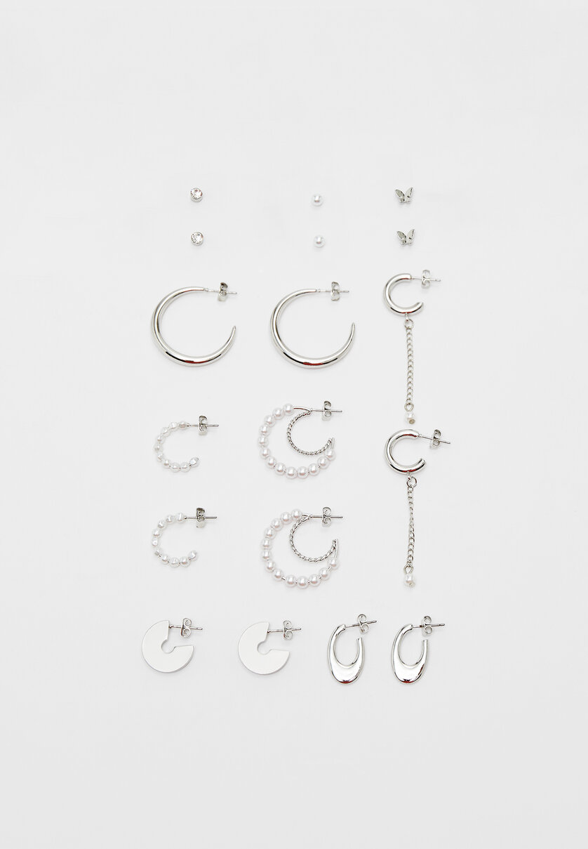Set of 9 pairs of faux pearl and chain earrings