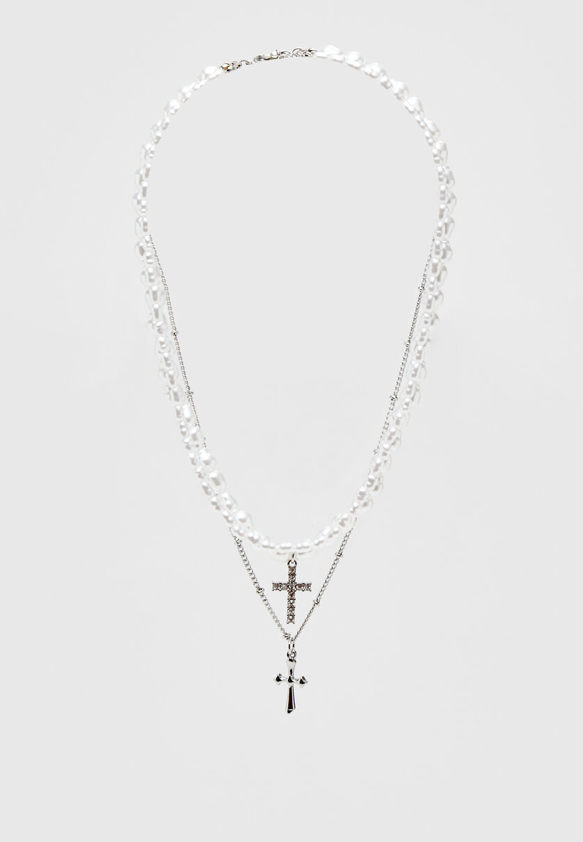 Set of 2 faux pearl and cross necklaces