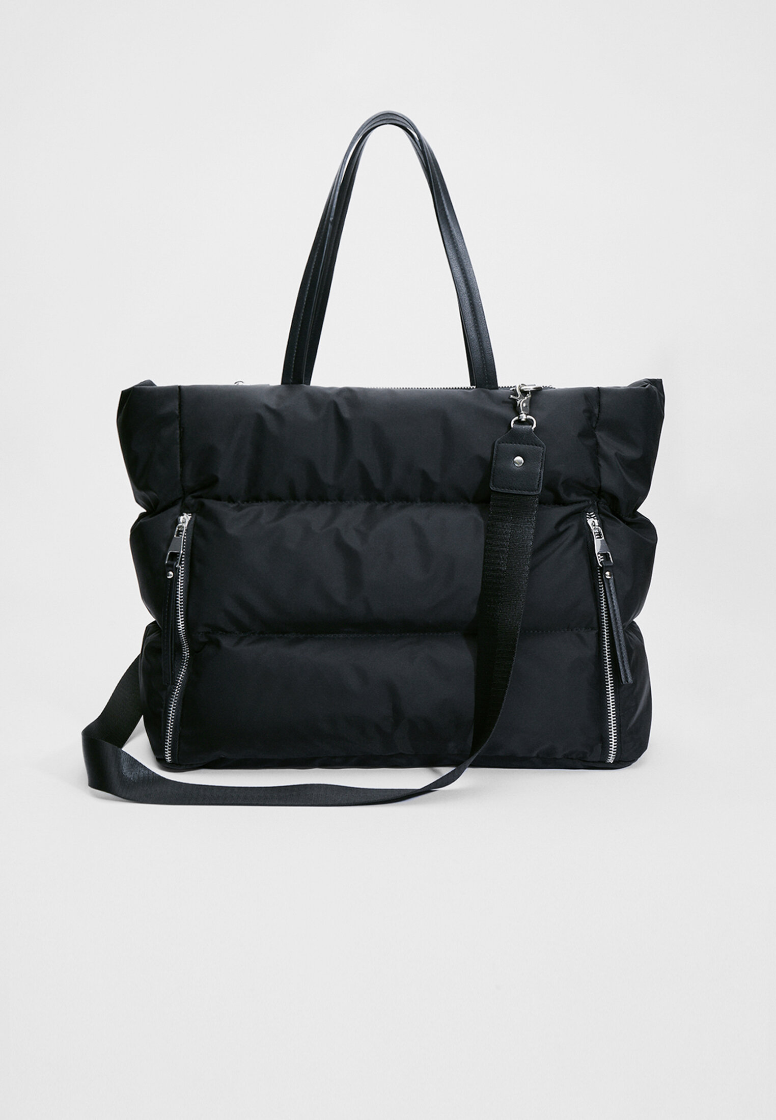 Black quilted shop nylon tote bag