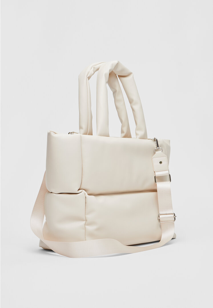Stradivarius Faux leather quilted tote bag  Ecru OS