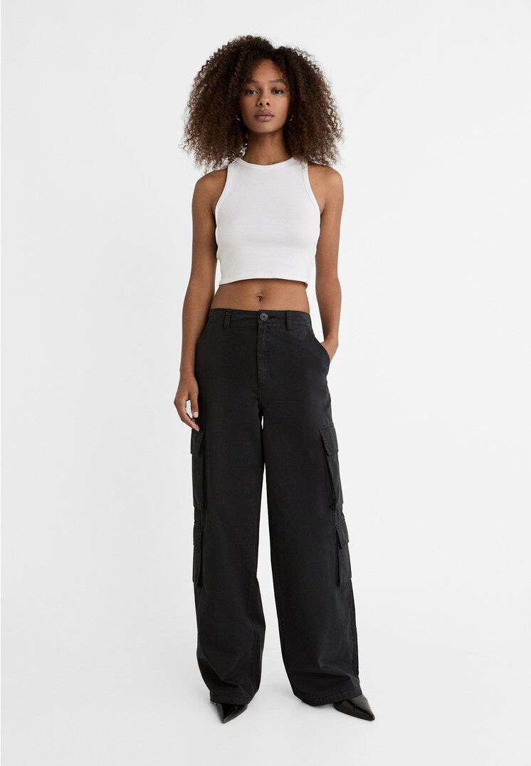 Stradivarius Cargohose Popelin Schwarz XL
